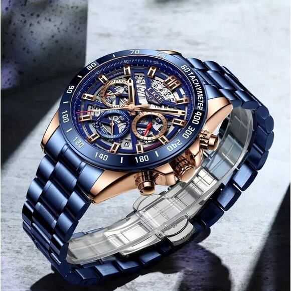 LIGE Men Watch Quartz Mechanical Date 3ATM Waterproof Stainless Steel Wristwatch - Picture 1 of 7
